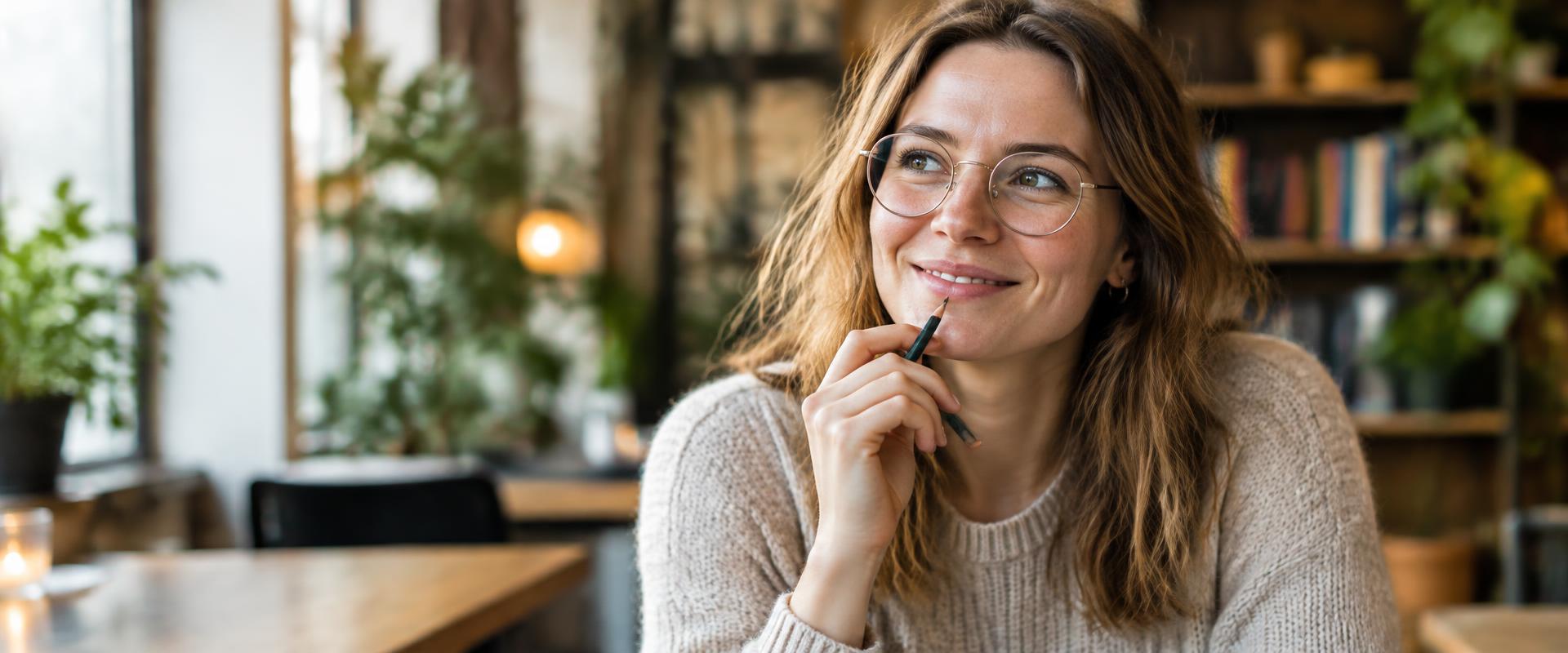 Smiling young professional with wire-rim glasses and a pencil, in warm natural window light