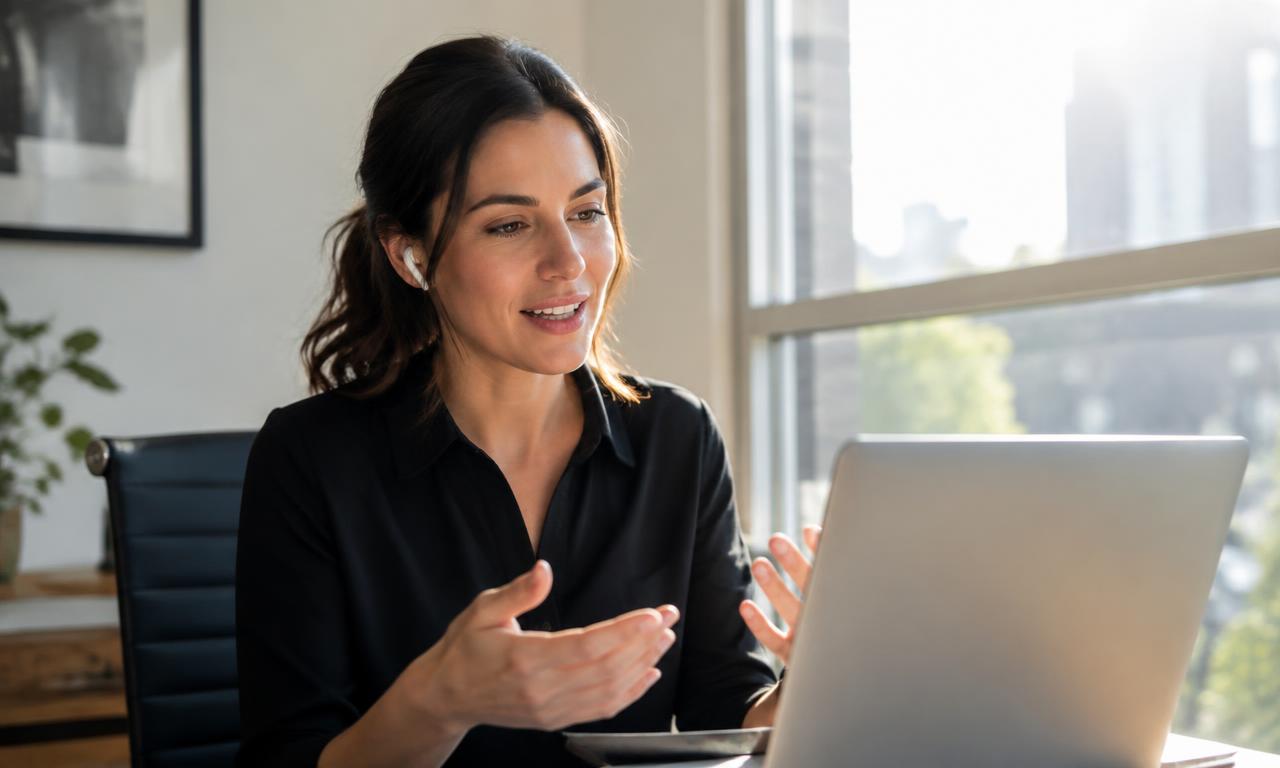 Professional wearing earbuds speaking in front of a laptop near a sunlit window