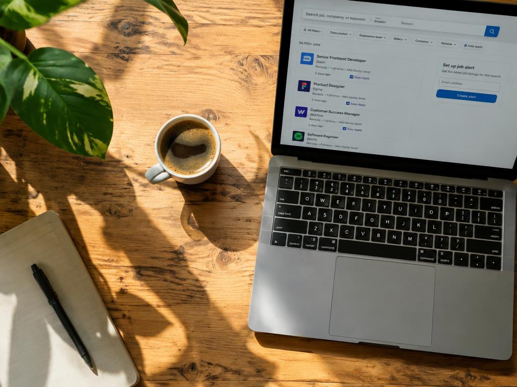 Wooden desk with espresso, plant and laptop showing job listings