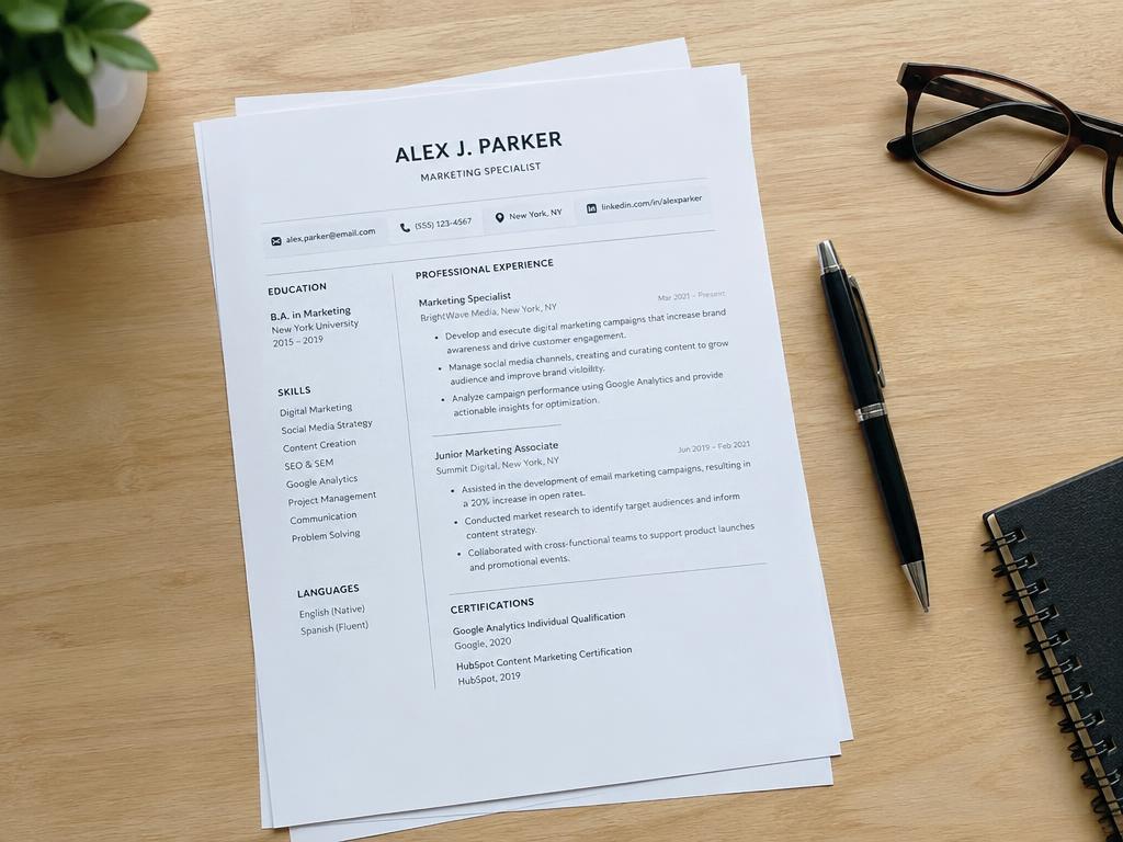 Printed CV on a desk with pen, glasses and notebook