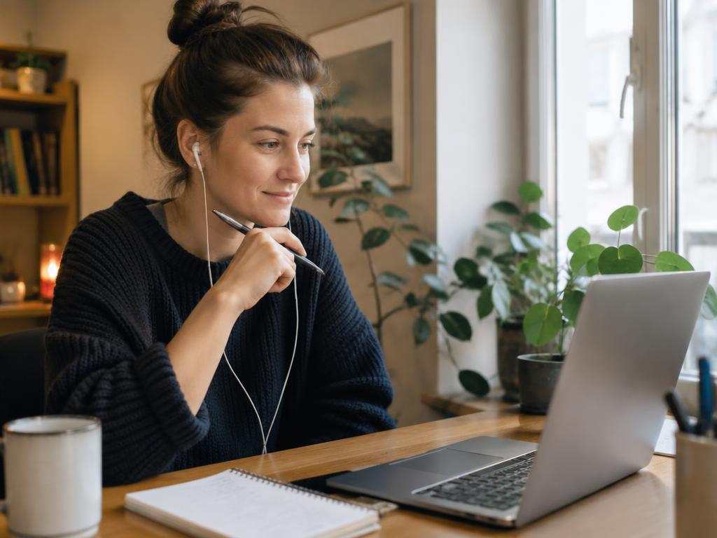 Person with earbuds preparing for a video interview at a laptop