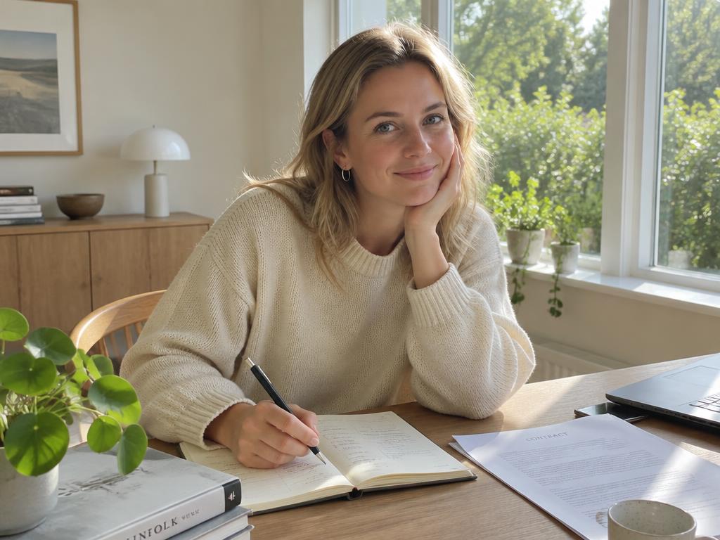 Relaxed person at a sunny desk with a planner and contract