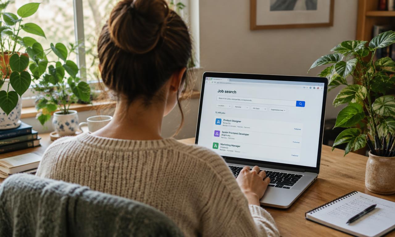 Woman job-hunting on a laptop in a cozy home office with plants